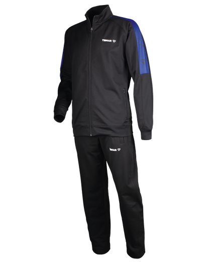 TTM-Store Tibhar black polyester and elastane training tracksuit with blue accents on sleeves and white logo.