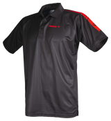 TTM-Store Tibhar black polyester polo shirt with red accents on shoulders and sleeves, ideal for table tennis.