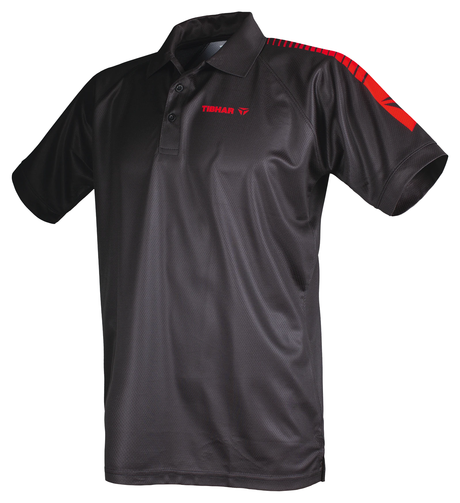 TTM-Store Tibhar black polyester polo shirt with red accents on shoulders and sleeves, ideal for table tennis.