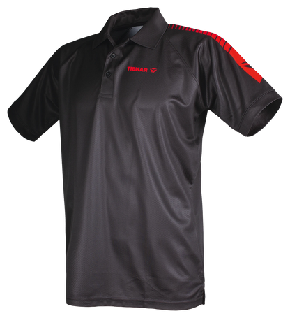 TTM-Store Tibhar black polyester polo shirt with red accents on shoulders and sleeves, ideal for table tennis.