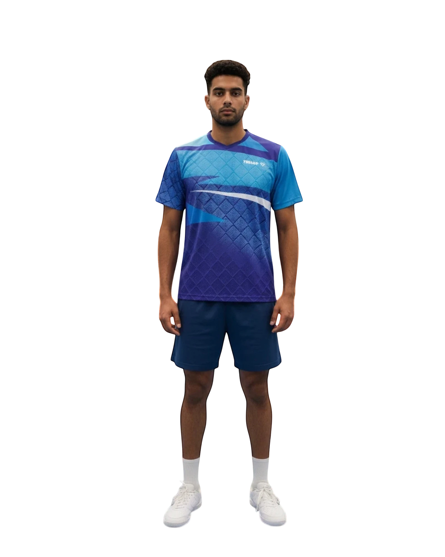 TTM-Store Tibhar CORNER men's royal blue and light blue short-sleeve t-shirt with V-neck and geometric pattern.