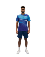 TTM-Store Tibhar CORNER men's royal blue and light blue short-sleeve t-shirt with V-neck and geometric pattern.
