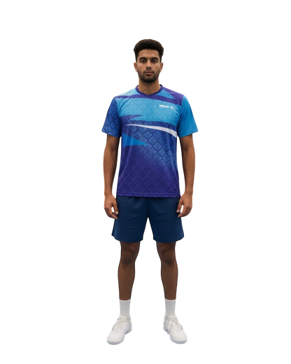 TTM-Store Tibhar CORNER men's royal blue and light blue short-sleeve t-shirt with V-neck and geometric pattern.