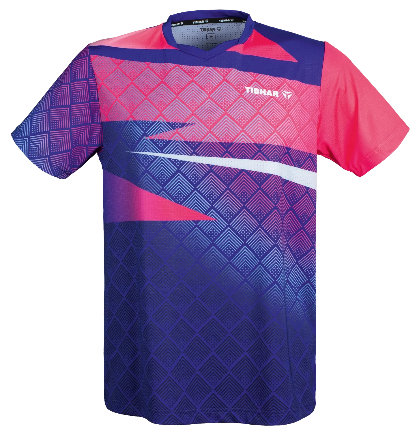 TTM-Store Tibhar CORNER V-neck table tennis polo shirt with a vibrant geometric pattern in blue, pink, and purple. Made from flexible polyester and elastane.