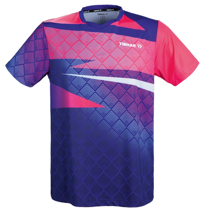 TTM-Store Tibhar CORNER V-neck table tennis polo shirt with a vibrant geometric pattern in blue, pink, and purple. Made from flexible polyester and elastane.