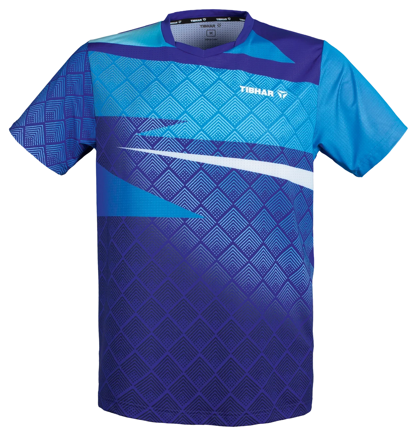TTM-Store Tibhar CORNER V-neck short sleeve table tennis polo shirt in blue and purple with geometric pattern.