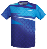 TTM-Store Tibhar CORNER V-neck short sleeve table tennis polo shirt in blue and purple with geometric pattern.
