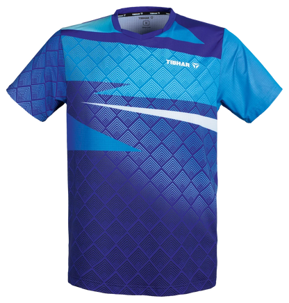 TTM-Store Tibhar CORNER table tennis polo shirt with V-neck, short sleeves, and a blue and purple gradient geometric pattern.
