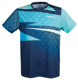 TTM-Store Tibhar CORNER table tennis polo shirt in blue and teal with V-neck and geometric pattern.