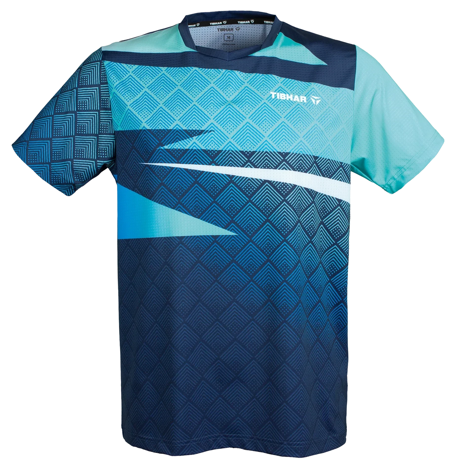 TTM-Store Tibhar CORNER V-neck short sleeve table tennis polo shirt in blue and teal with geometric pattern.