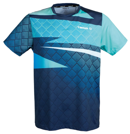 TTM-Store Tibhar CORNER V-neck short sleeve table tennis polo shirt in blue and teal with geometric pattern.