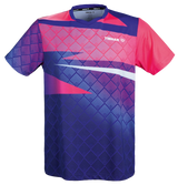 TTM-Store Tibhar CORNER table tennis polo shirt with V-neck, royal blue, pink, and blue geometric pattern, made of polyester and elastane.