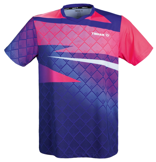 TTM-Store Tibhar CORNER table tennis polo shirt with V-neck, royal blue, pink, and blue geometric pattern, made of polyester and elastane.