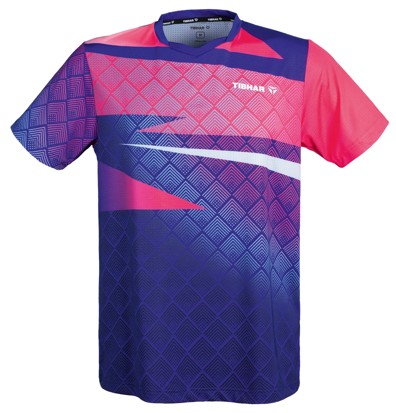 TTM-Store Tibhar CORNER table tennis polo shirt with V-neck, royal blue, pink, and blue geometric pattern, made of polyester and elastane.