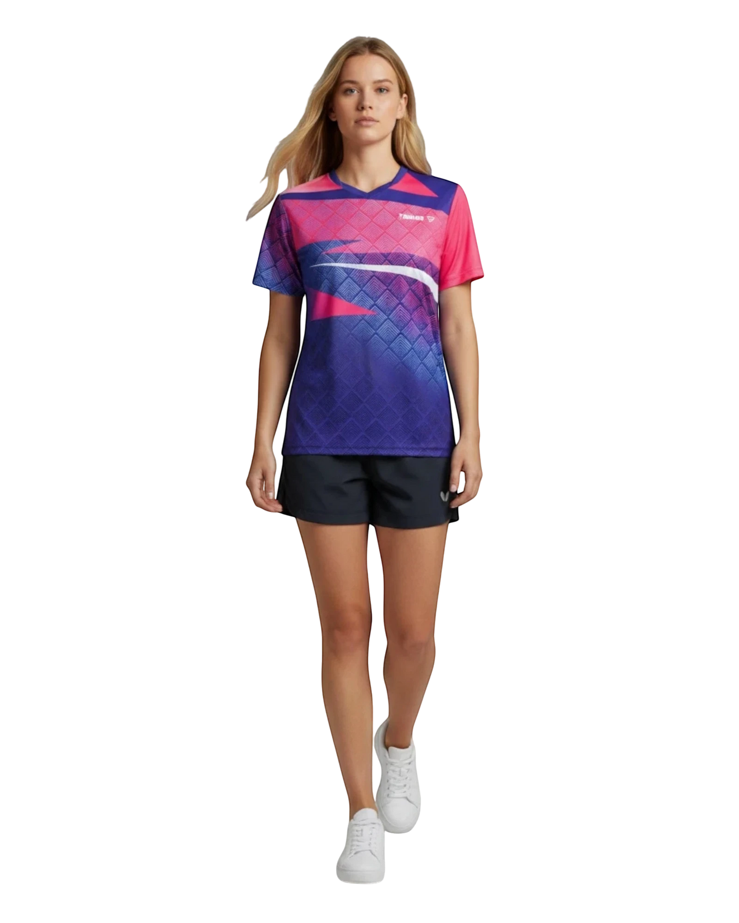 TTM-Store Tibhar CORNER V-neck table tennis shirt in royal blue, pink, and purple with a diamond pattern. Made of polyester and elastane.