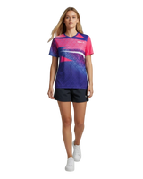 TTM-Store Tibhar CORNER V-neck table tennis shirt in royal blue, pink, and purple with a diamond pattern. Made of polyester and elastane.