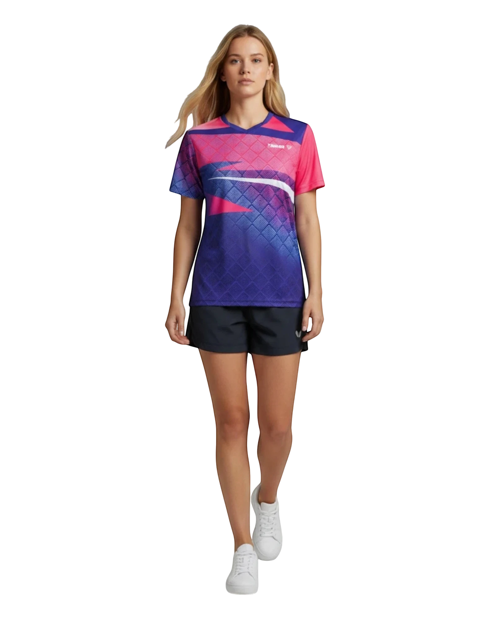 TTM-Store Tibhar CORNER V-neck table tennis shirt in royal blue, pink, and purple with a diamond pattern. Made of polyester and elastane.