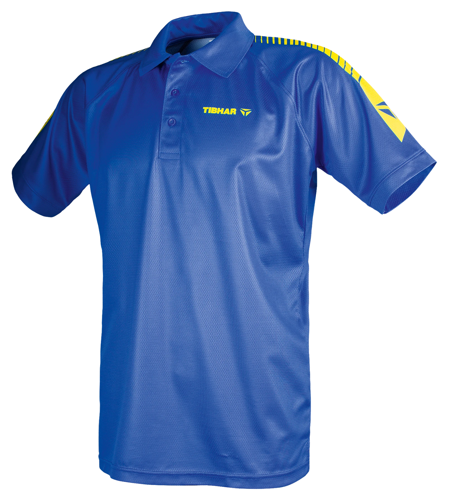TTM-Store Tibhar DOMINO blue polyester table tennis polo shirt with yellow accents on sleeves and collar.