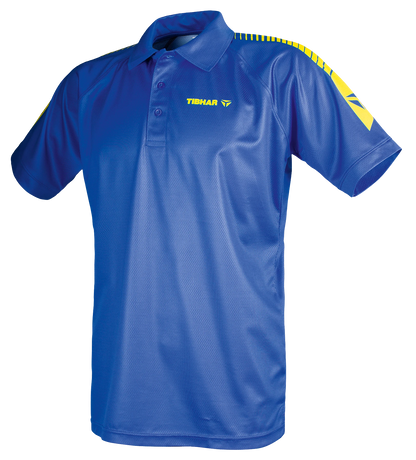 TTM-Store Tibhar DOMINO blue polyester table tennis polo shirt with yellow accents on sleeves and collar.