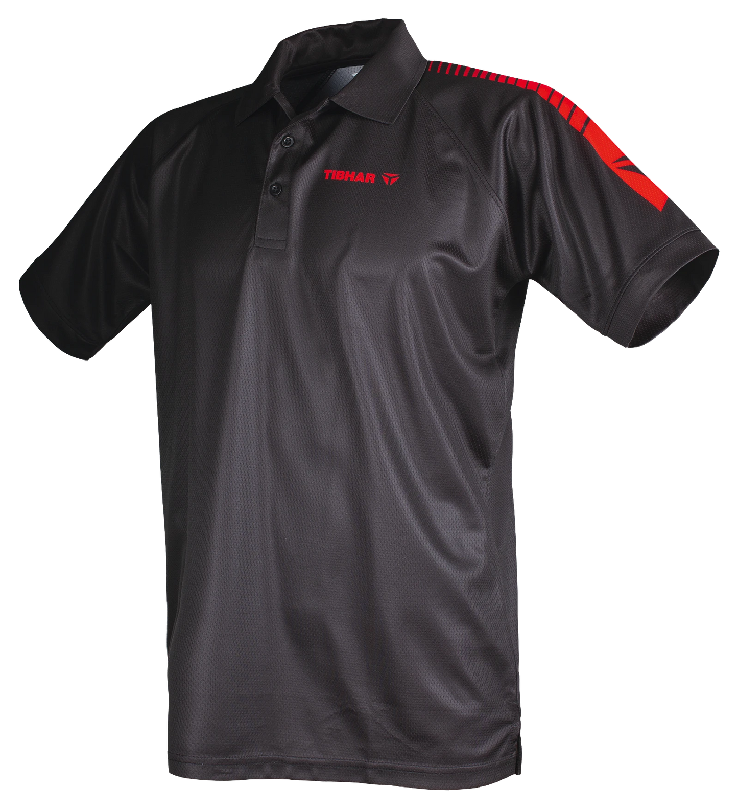TTM-Store Tibhar DOMINO black polyester table tennis polo shirt with red accents on shoulder and sleeve.