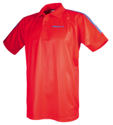 TTM-Store Tibhar DOMINO red polyester table tennis polo shirt with blue accents on sleeves and collar.