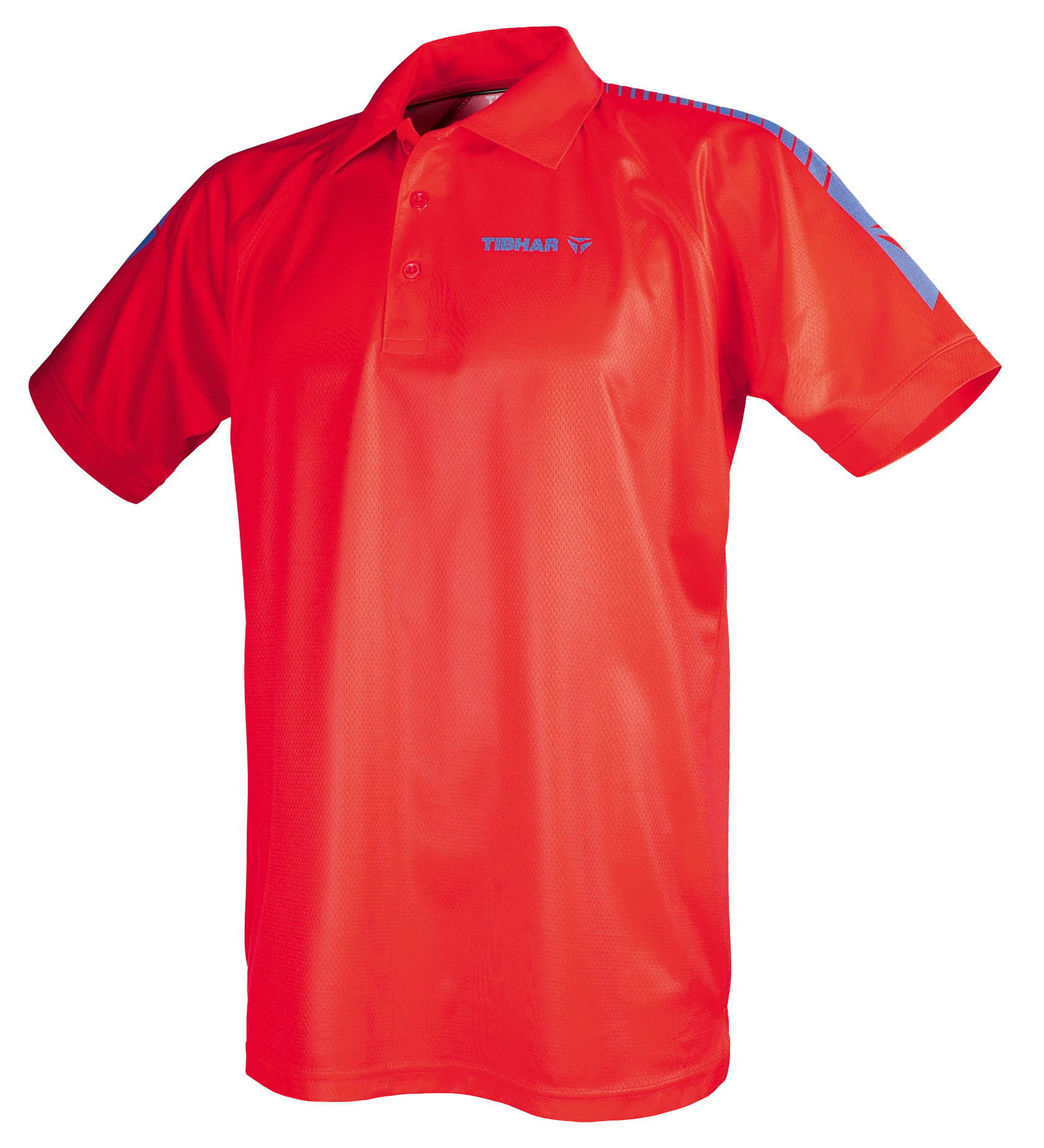 TTM-Store Tibhar DOMINO red polyester table tennis polo shirt with blue accents on sleeves and collar.
