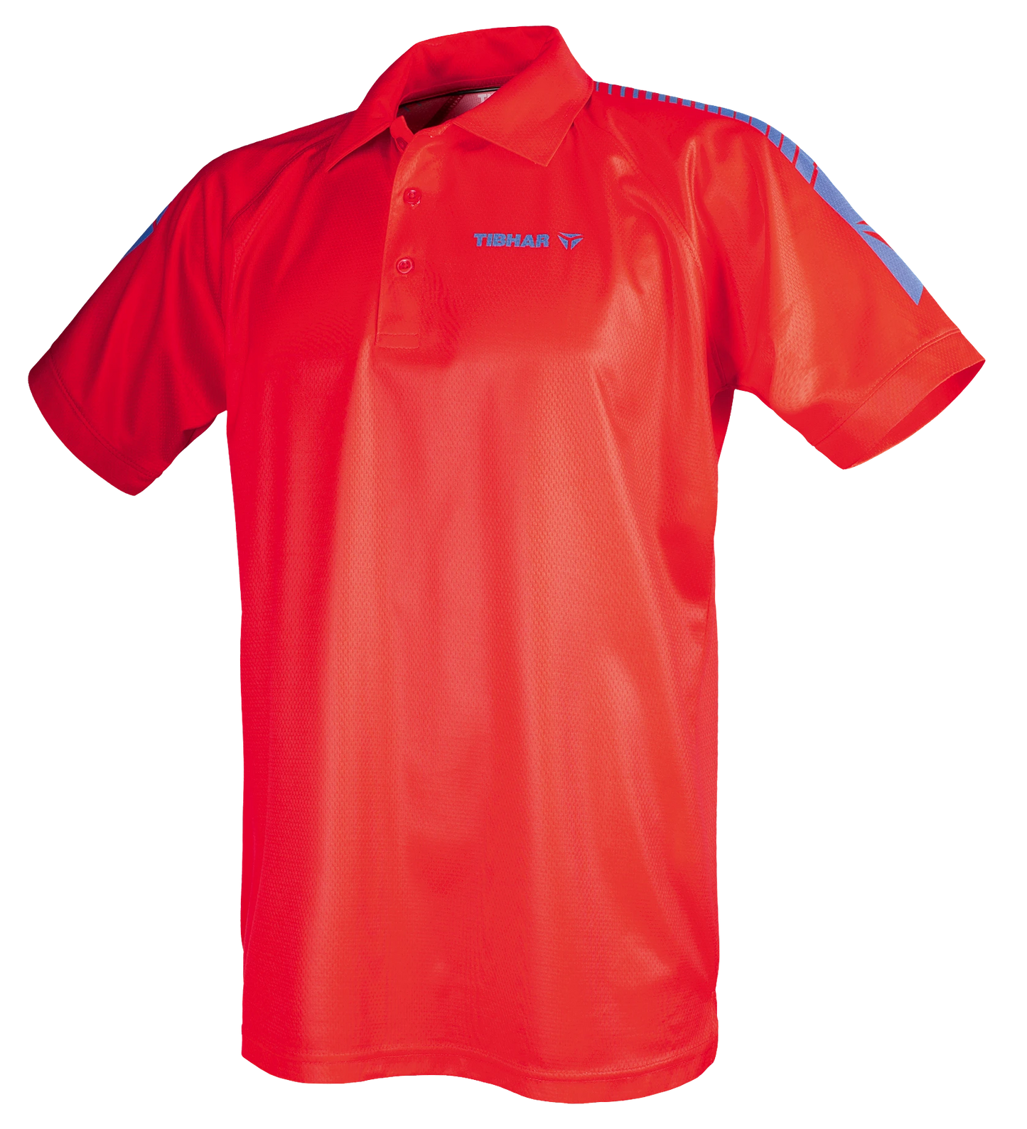 TTM-Store Tibhar DOMINO red polyester table tennis polo shirt with blue accents on sleeves and collar.