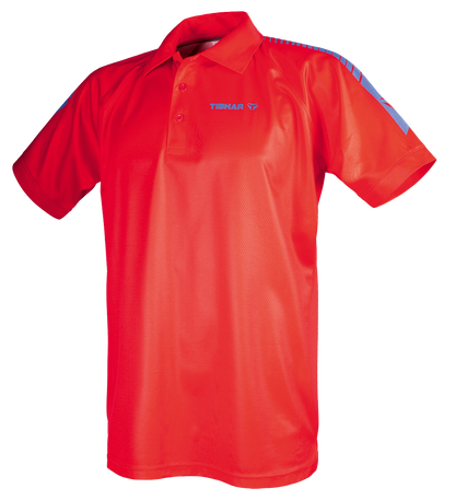 TTM-Store Tibhar DOMINO red polyester table tennis polo shirt with blue accents on sleeves and collar.