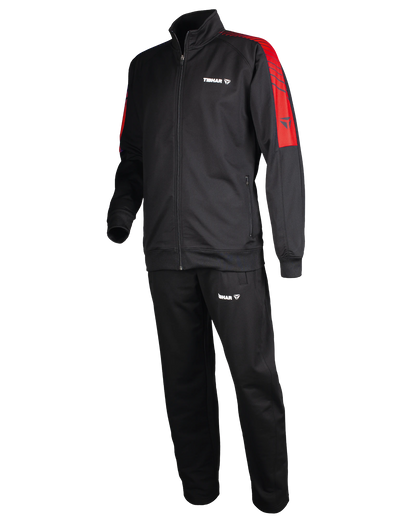 TTM-Store Tibhar DOMINO black and red polyester-elastane tracksuit for table tennis training. Full zip jacket and pants.