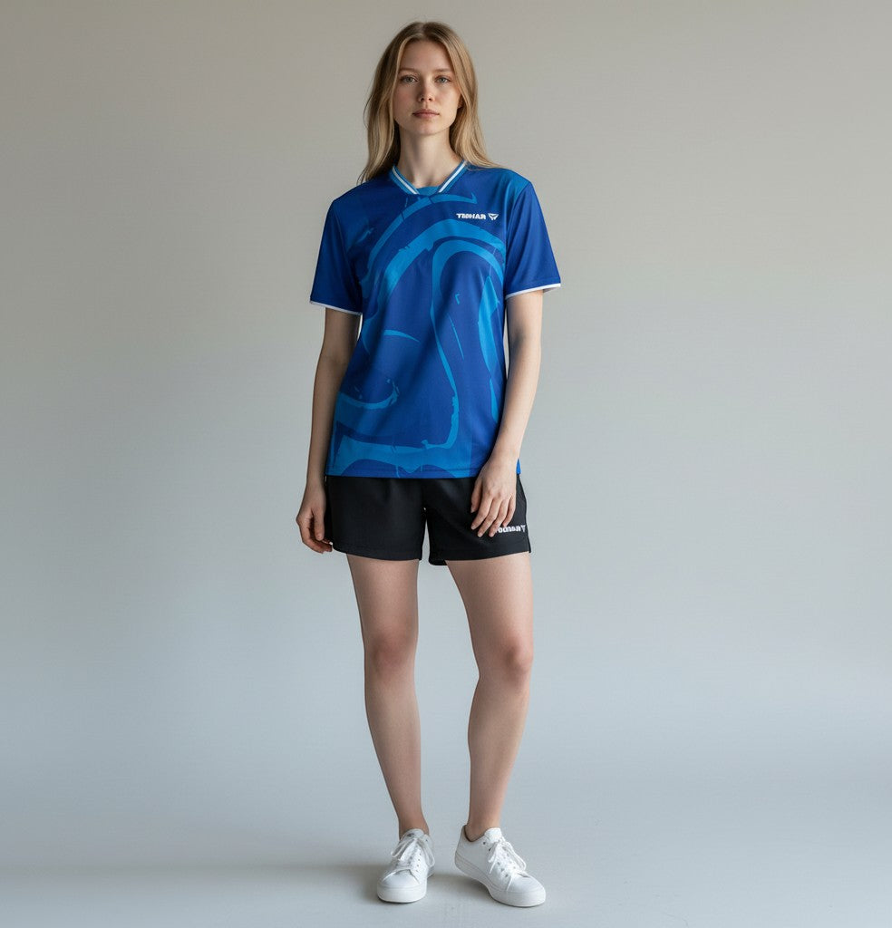 TTM-Store Tibhar Dream TT-Shirt in Blau mit V-Ausschnitt und dynamischem Muster, Polyester