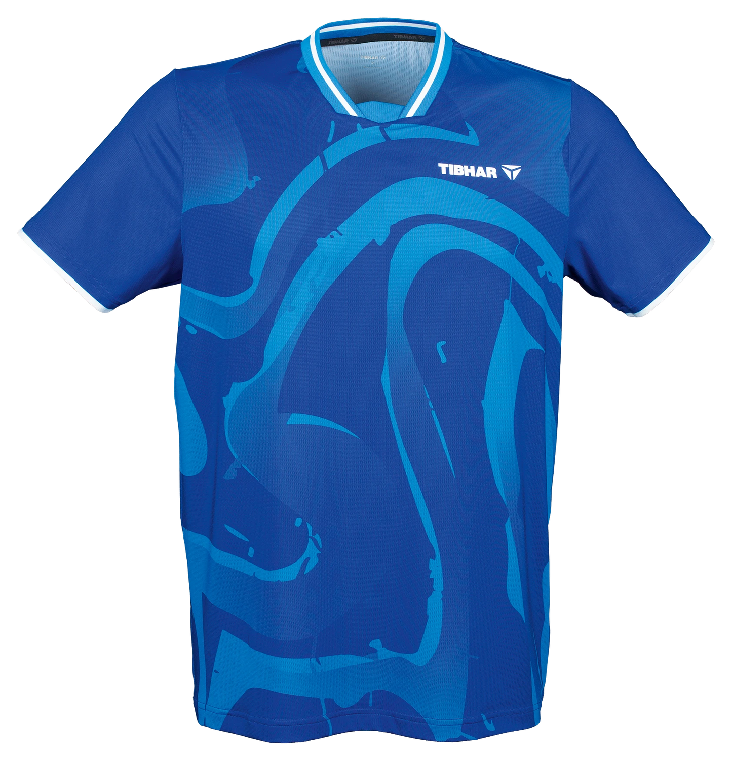 Tibhar Dream TT-Shirt in Blau, aus schnelltrocknendem Polyester, mit V-Ausschnitt und dynamischem Muster. Ideal für Tischtennis.