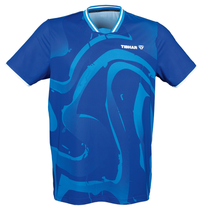 Tibhar Dream TT-Shirt in Blau, aus schnelltrocknendem Polyester, mit V-Ausschnitt und dynamischem Muster. Ideal für Tischtennis.