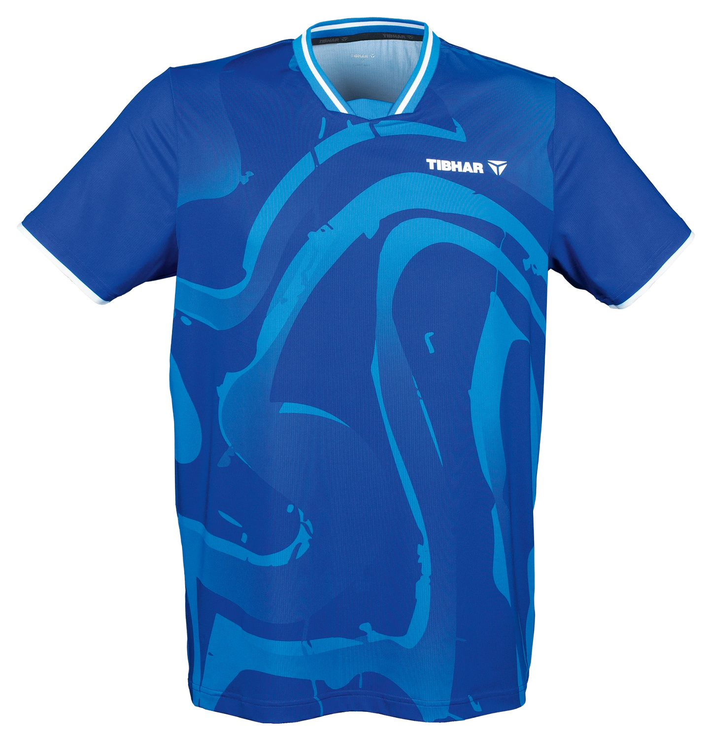 Tibhar Dream TT-Shirt in Blau, Polyester, mit V-Ausschnitt und dynamischem Muster. Ideal für Tischtennis.
