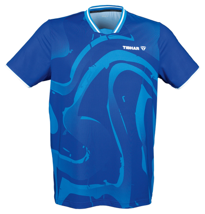 Tibhar Dream TT-Shirt in Blau, Polyester, mit V-Ausschnitt und dynamischem Muster. Ideal für Tischtennis.