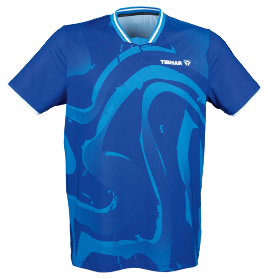 Tibhar Dream TT-Shirt in Blau, Polyester, mit V-Ausschnitt und dynamischem Muster. Ideal für Tischtennis.