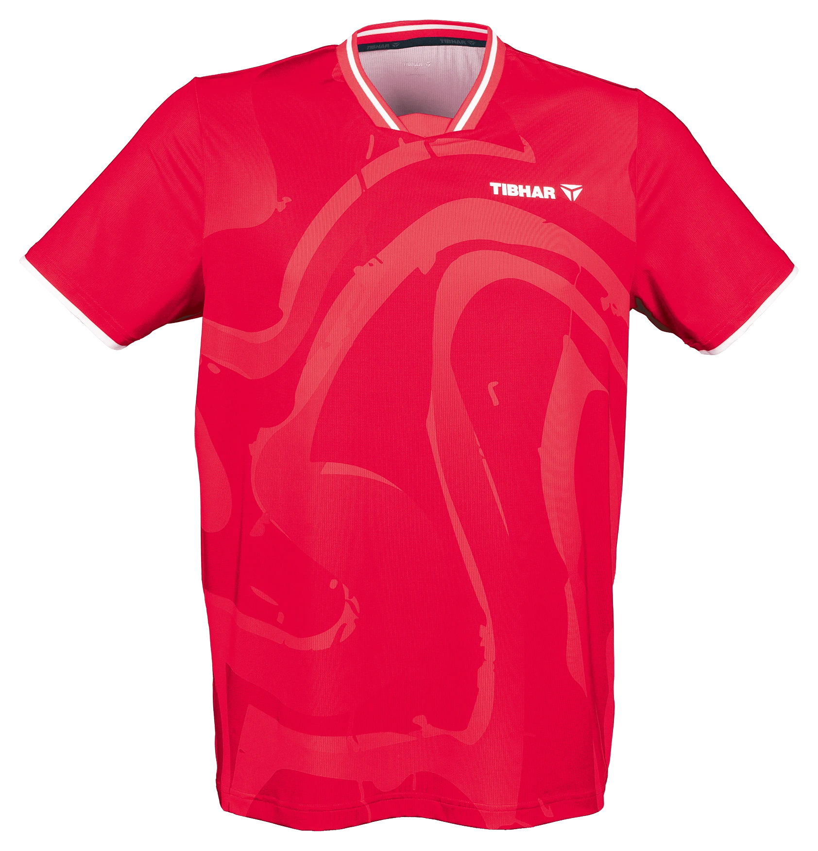 Tibhar Dream TT-Shirt in Rot, Funktionsshirt aus Polyester mit V-Ausschnitt und dezentem Muster, ideal für Tischtennis.