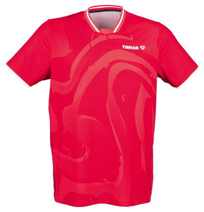 Tibhar Dream TT-Shirt in Rot, Funktionsshirt aus Polyester mit V-Ausschnitt und dezentem Muster, ideal für Tischtennis.