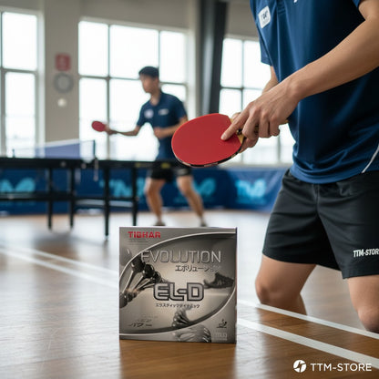 TTM-Store Tibhar Evolution EL-D Tischtennisbelag mit dynamischem, mittelharten Schwamm für Topspin-Spieler.