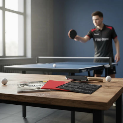 TTM-Store Tibhar Evolution EL-D Tischtennisbelag rot und schwarz auf Holztisch