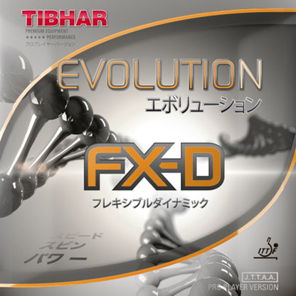Tibhar Evolution FX-D Tischtennisbelag mit orangefarbener Schrift und DNA-Motiv, für variable Angriffsspieler.
