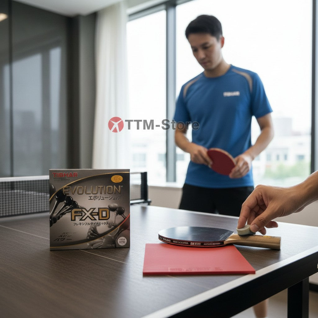 TTM-Store Tibhar Evolution FX-D Tischtennisbelag in Rot, flexibel-mittelhart mit RED ENERGY SPONGE für dynamisches Spiel.