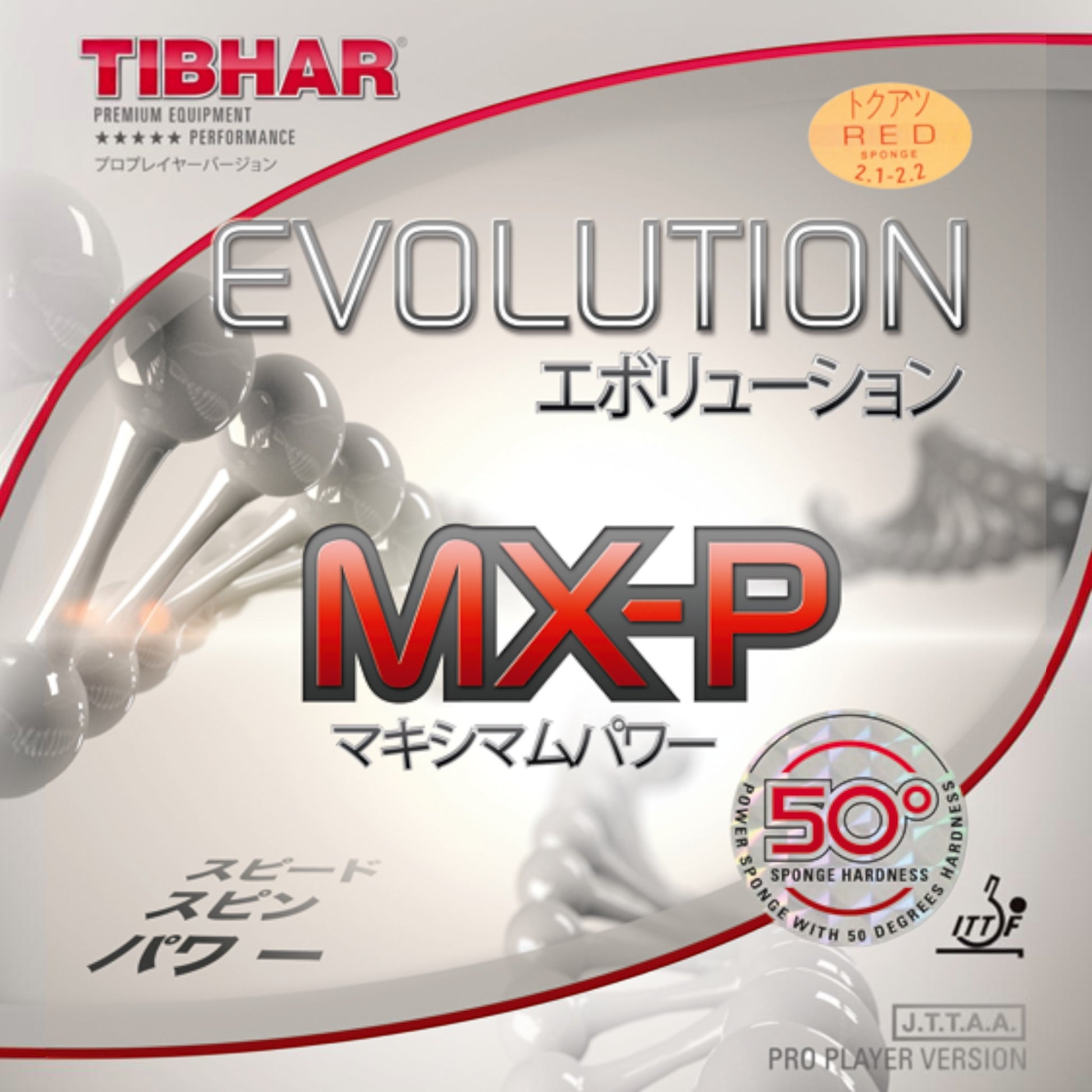 TTM-Store Tibhar Evolution MX-P 50 Tischtennisbelag mit 50° Schwammhärte für aggressive Angriffsspieler, rote Oberseite.