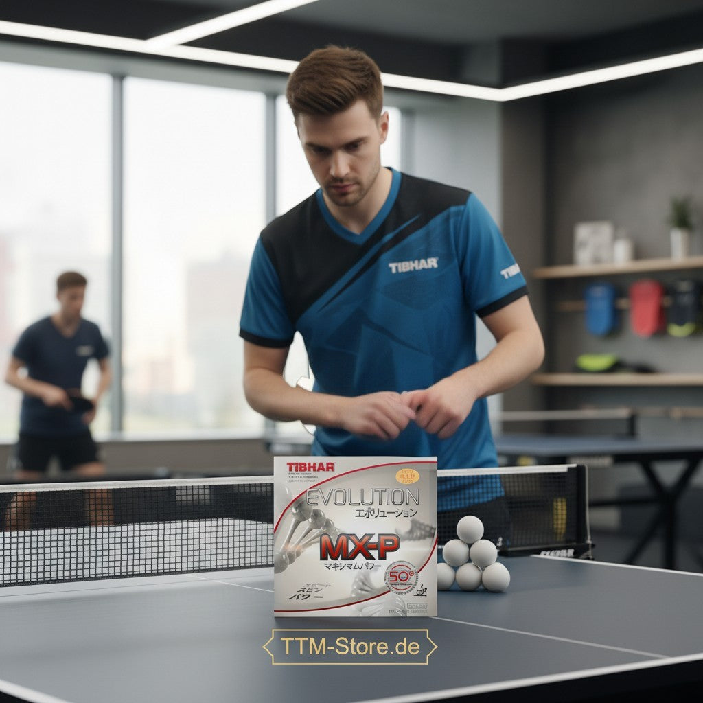 TTM-Store Tibhar Evolution MX-P 50 Tischtennisbelag mit 50° Schwammhärte für aggressive Angriffsspieler, rote Oberseite.