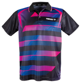 TTM-Store Tibhar FRAME table tennis polo shirt with black, pink, and blue stripes. 100% polyester with a collar and button placket.