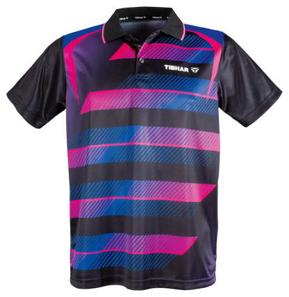 TTM-Store Tibhar FRAME table tennis polo shirt with black, pink, and blue stripes. 100% polyester with a collar and button placket.