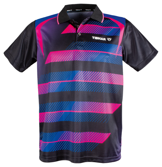 TTM-Store Tibhar FRAME table tennis polo shirt with black, pink, and blue stripes. 100% polyester with a collar and button placket.