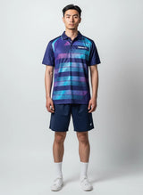 TTM-Store Tibhar FRAME men's table tennis polo shirt in navy with blue and pink stripes, 100% polyester.