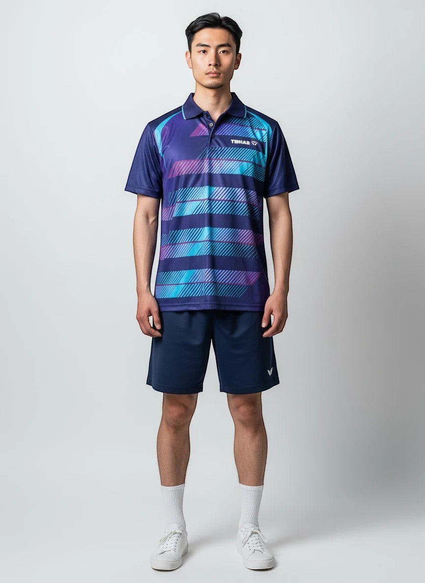 TTM-Store Tibhar FRAME men's table tennis polo shirt in navy with blue and pink stripes, 100% polyester.