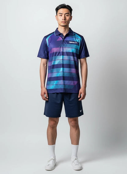 TTM-Store Tibhar FRAME men's table tennis polo shirt in navy with blue and pink stripes, 100% polyester.