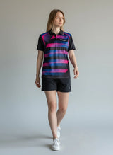 TTM-Store Tibhar FRAME table tennis polo shirt with collar and button placket, black with pink and blue striped pattern, 100% polyester.